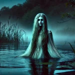 A Slavic rusalka emerging from a misty river at dusk, embodying the folklore description from the anthropology text. She has long, flowing greenish hair