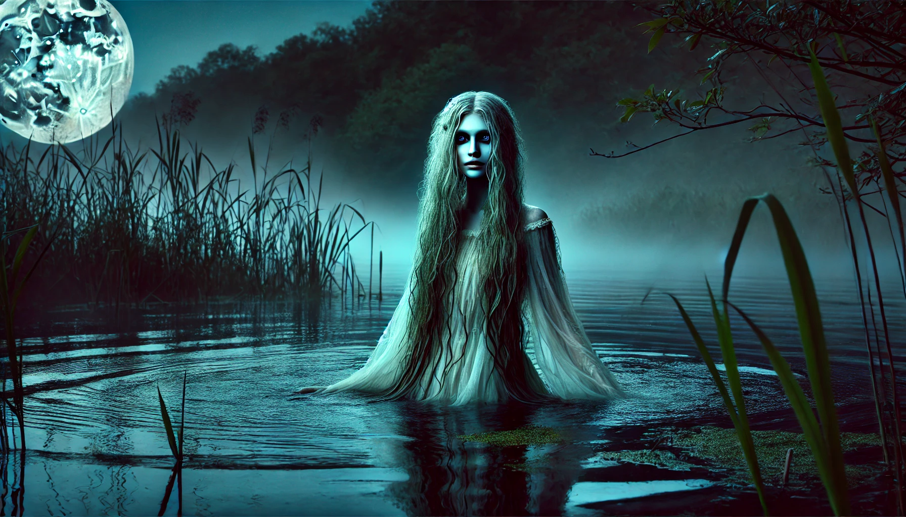 A Slavic rusalka emerging from a misty river at dusk, embodying the folklore description from the anthropology text. She has long, flowing greenish hair